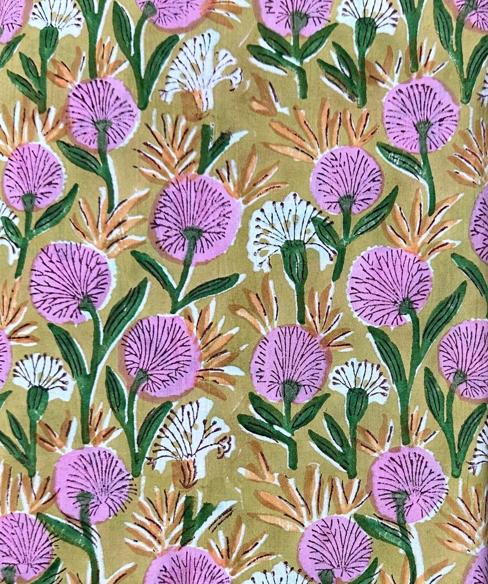 Floral Cotton Fabric by the Yard, Hand Block Print Indian Cotton Fabric Botanical Print Quilting Fabric Sewing Dressmaking Home Decor Fabric