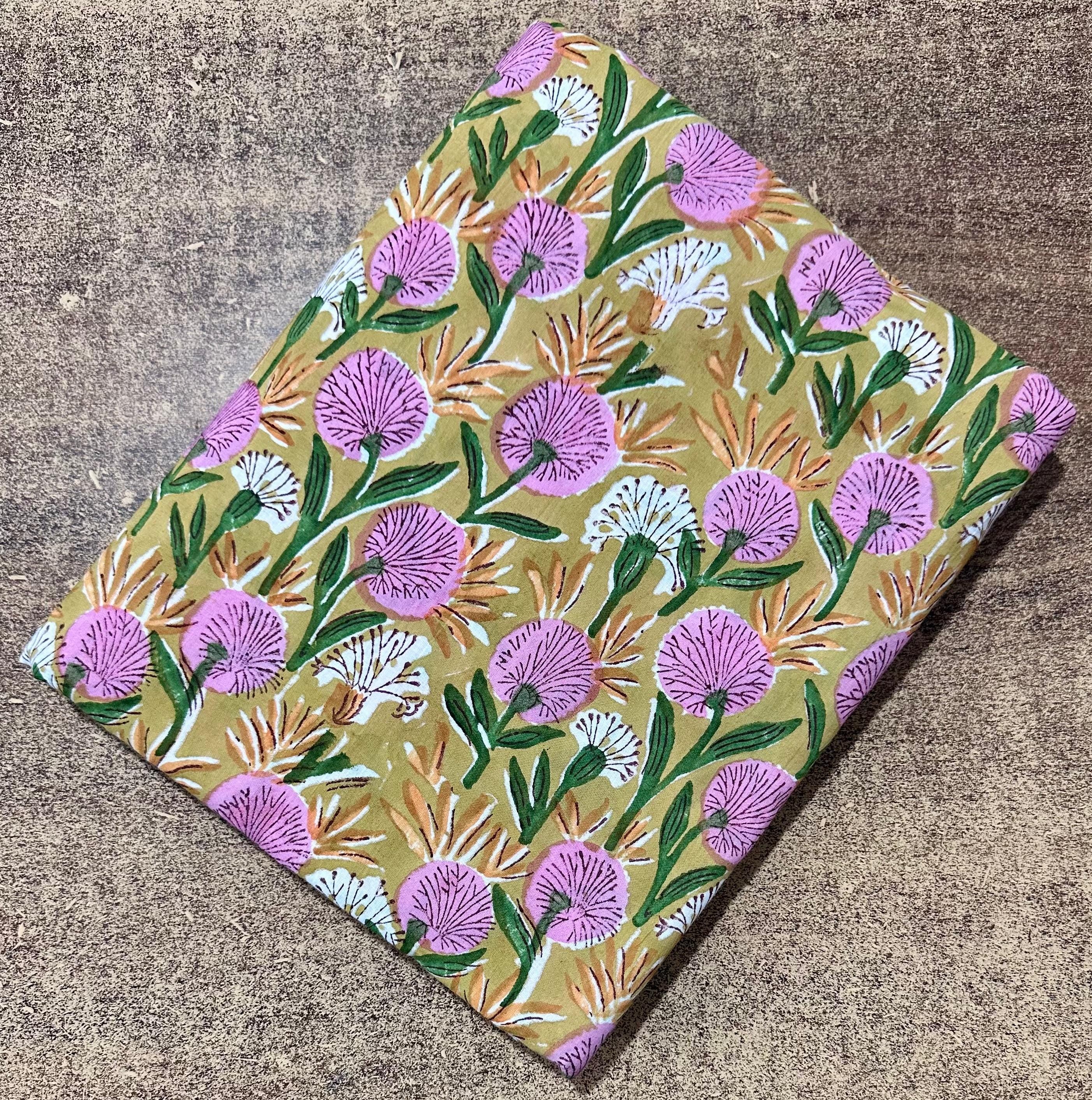 Floral Cotton Fabric by the Yard, Hand Block Print Indian Cotton Fabric Botanical Print Quilting Fabric Sewing Dressmaking Home Decor Fabric