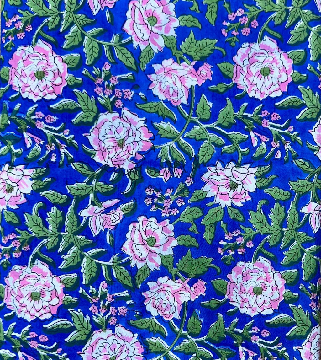 Blue Floral Cotton Fabric by the Yard Hand Block Print Indian Cotton Fabric Rose Flower Quilting Fabric Sewing Dressmaking Home Decor Fabric