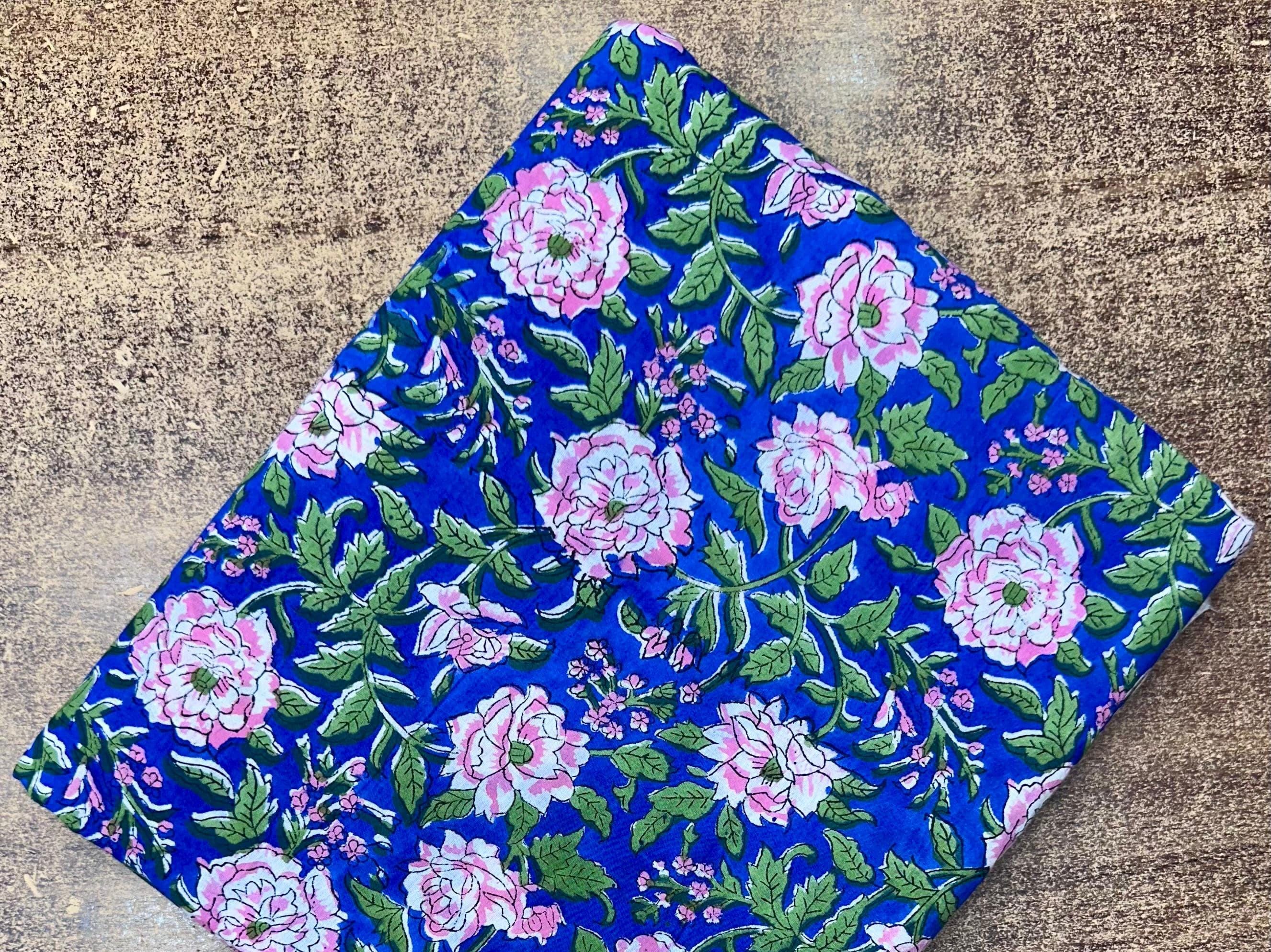 Blue Floral Cotton Fabric by the Yard Hand Block Print Indian Cotton Fabric Rose Flower Quilting Fabric Sewing Dressmaking Home Decor Fabric