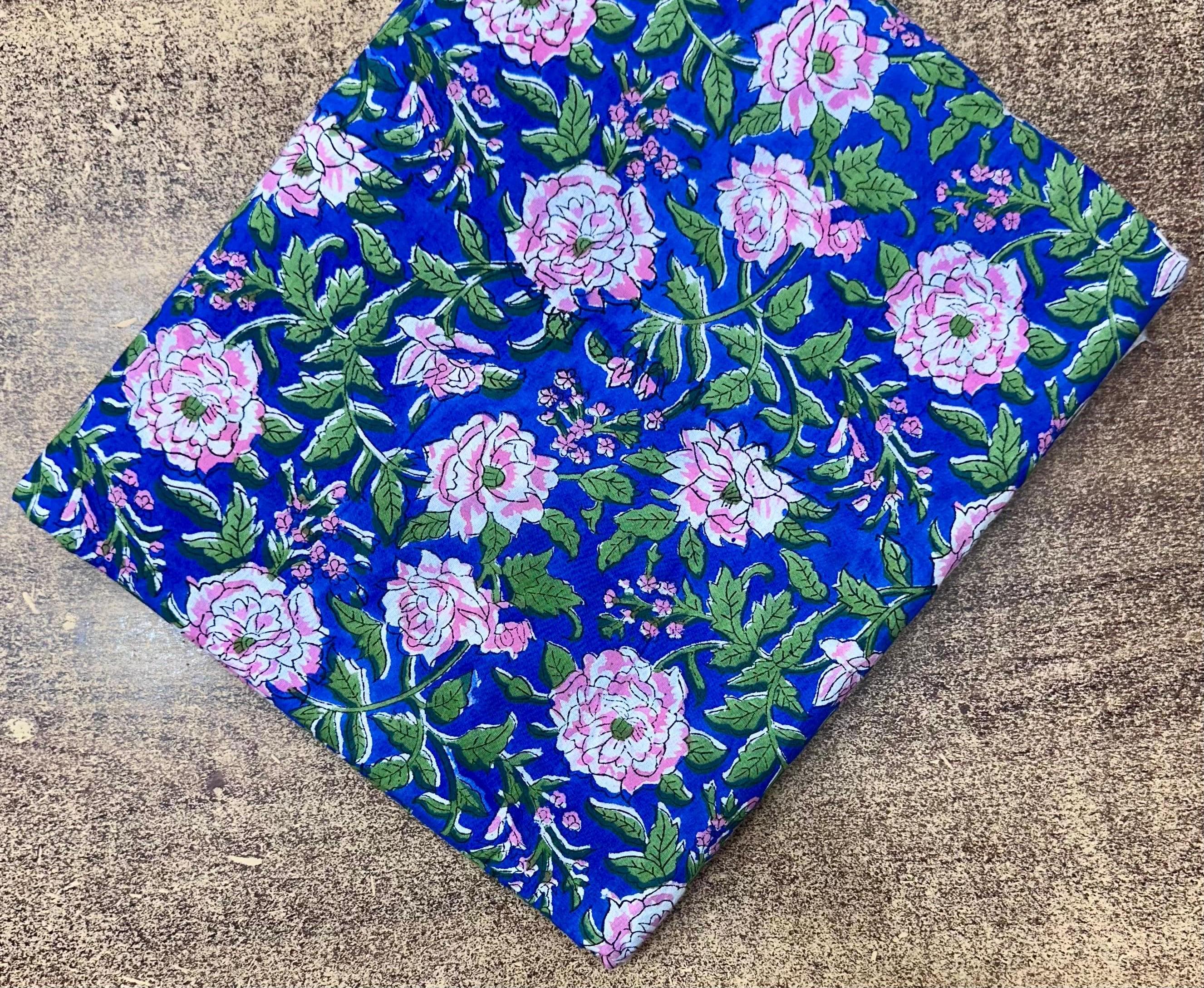 Blue Floral Cotton Fabric by the Yard Hand Block Print Indian Cotton Fabric Rose Flower Quilting Fabric Sewing Dressmaking Home Decor Fabric