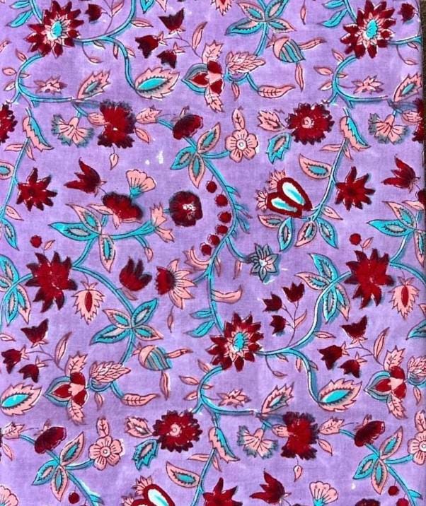 Purple Floral Cotton Fabric | Hand Block Print Cotton Fabric Fabric by The Yard | Indian Printed Cotton for Sewing, Quilting, Dressmaking