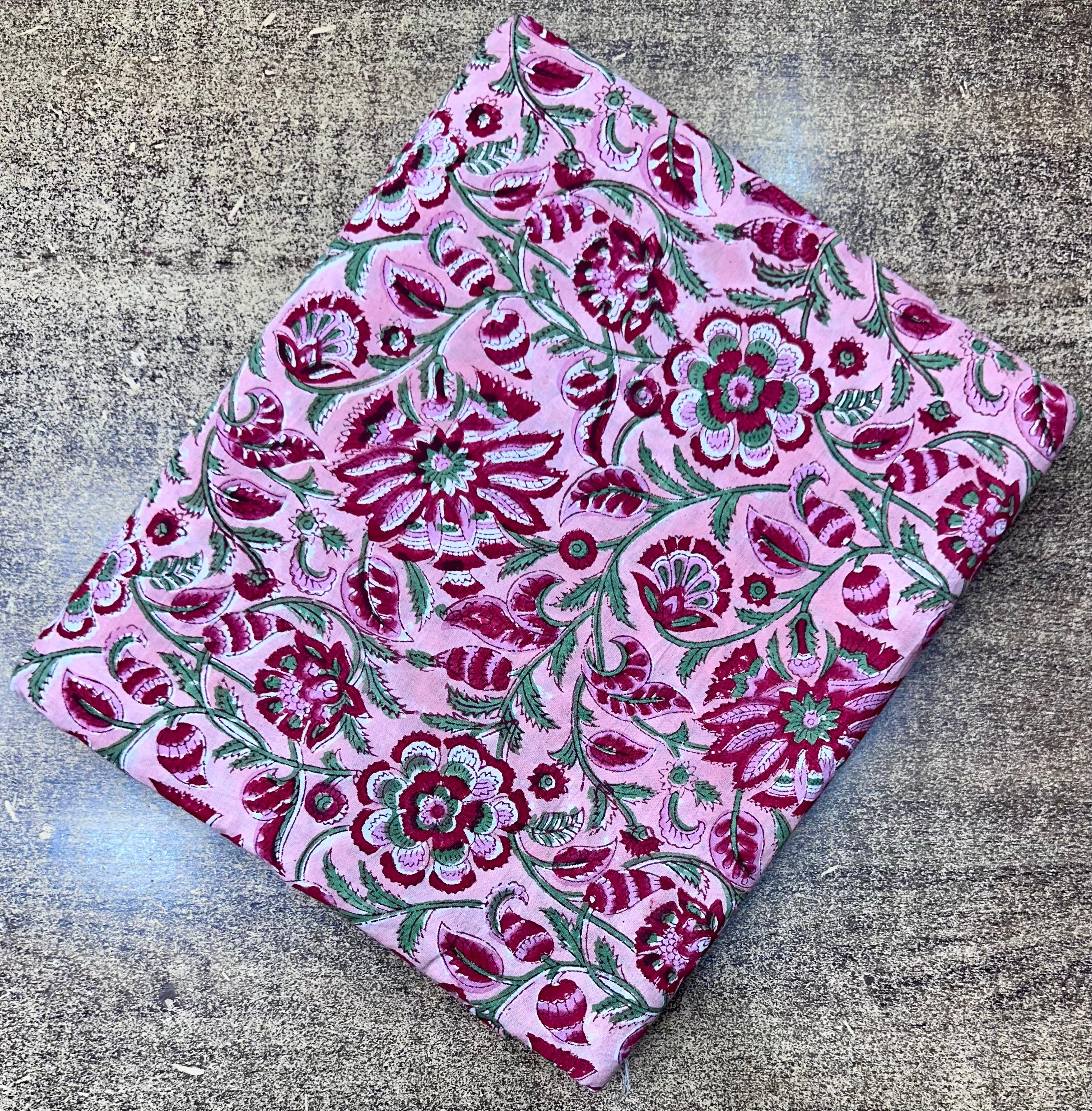 Pink Floral Block Print Cotton Fabric by the Yard | Indian Handmade Cotton for Sewing, Quilting, Dressmaking | Printed Floral Fabric