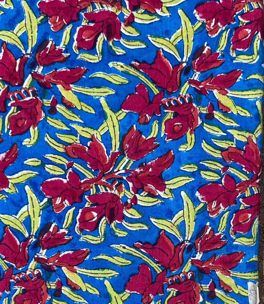 Blue Floral Block Print Cotton Fabric by the Yard | Indian Handmade Cotton for Sewing, Quilting & Dressmaking | Printed Floral Fabrics