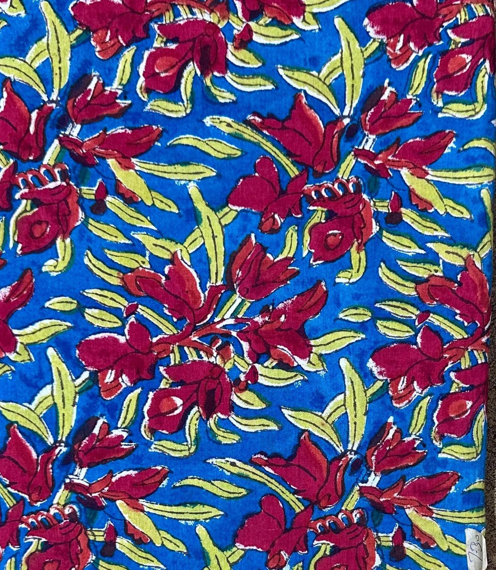 Blue Floral Block Print Cotton Fabric by the Yard | Indian Handmade Cotton for Sewing, Quilting & Dressmaking | Printed Floral Fabrics