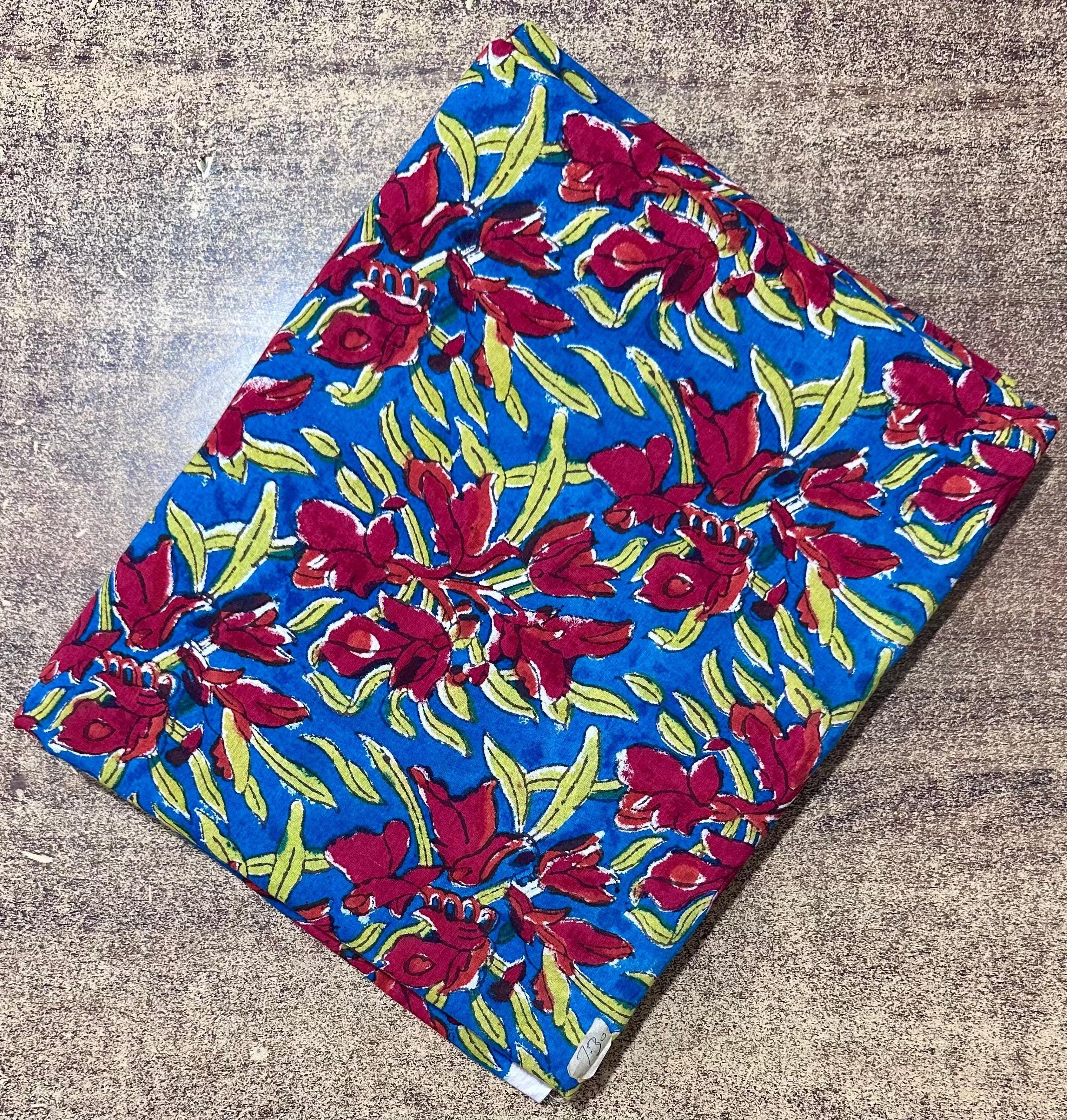Blue Floral Block Print Cotton Fabric by the Yard | Indian Handmade Cotton for Sewing, Quilting & Dressmaking | Printed Floral Fabrics