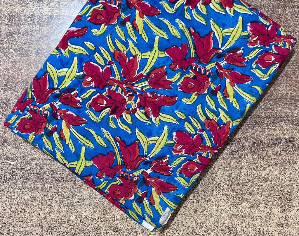 Blue Floral Block Print Cotton Fabric by the Yard | Indian Handmade Cotton for Sewing, Quilting & Dressmaking | Printed Floral Fabrics