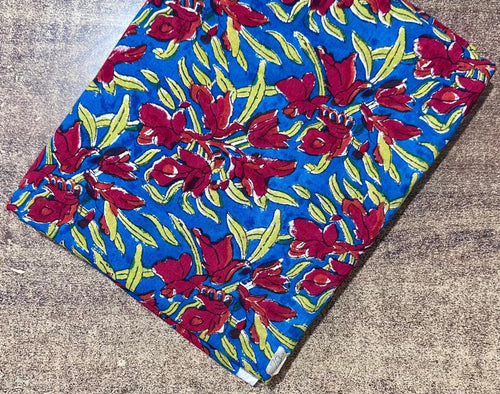 Blue Floral Block Print Cotton Fabric by the Yard | Indian Handmade Cotton for Sewing, Quilting & Dressmaking | Printed Floral Fabrics