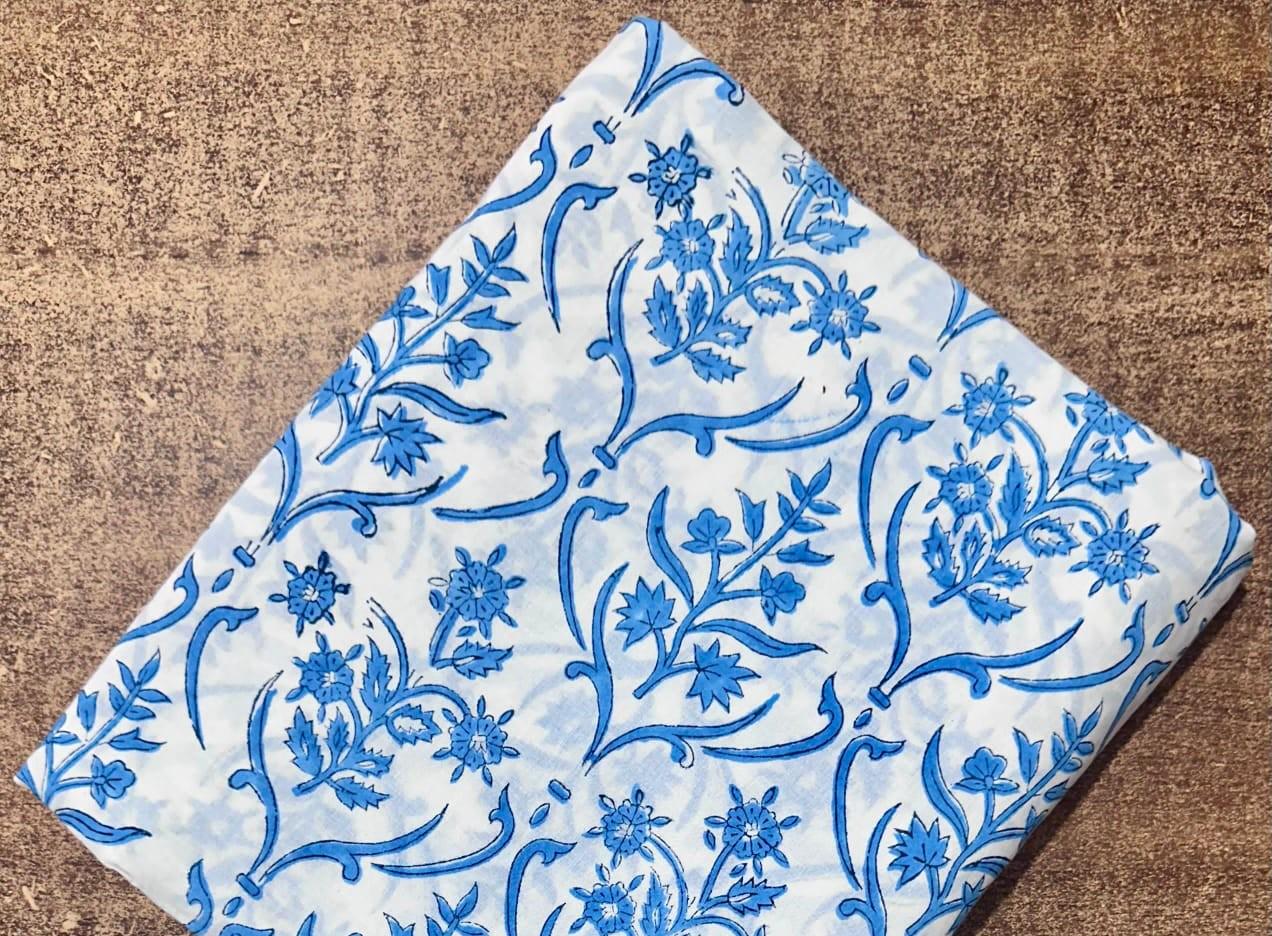 Blue Floral Cotton Fabric by the Yard | Hand Block Print Indian Cotton Fabric for Sewing, Quilting & Dressmaking | Printed Loose Fabric