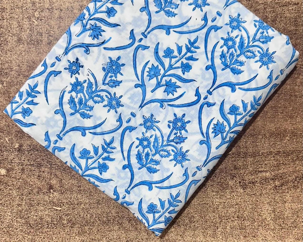 Blue Floral Cotton Fabric by the Yard | Hand Block Print Indian Cotton Fabric for Sewing, Quilting & Dressmaking | Printed Loose Fabric
