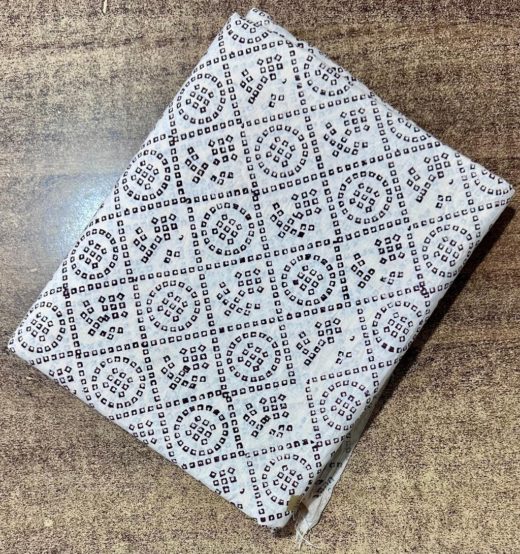 White Geometric Bandhani Indian Hand Block Print Fabric, Soft Cotton Fabric, Floral 100% Cotton Fabric By The Yard, Fabric For Loose Running