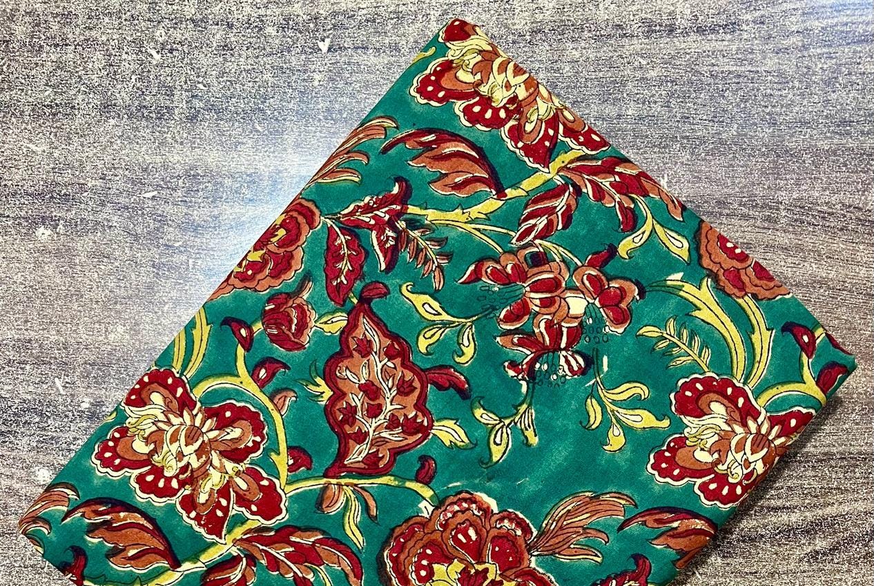 Emerald Green Floral Indian Hand Block Print Fabric, Soft Cotton Fabric, Floral 100% Cotton Fabric By The Yard, Fabric For Loose Running