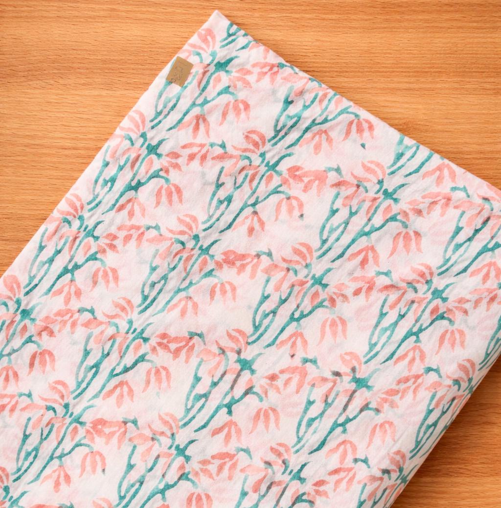 Colourful Hand Block Print Cotton Fabric, Coral Peach & Teal Floral Indian Cotton, Soft Printed Fabric by Yard for Sewing Quilting Textile