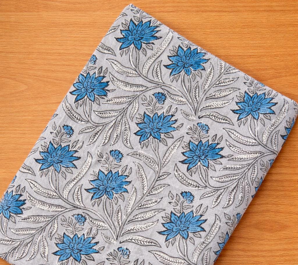 Grey Blue Floral Cotton Fabric by the Yard, Indian Printed Cotton Cloth, Soft Lightweight Cotton Fabric for Sewing, Quilting, Dressmaking