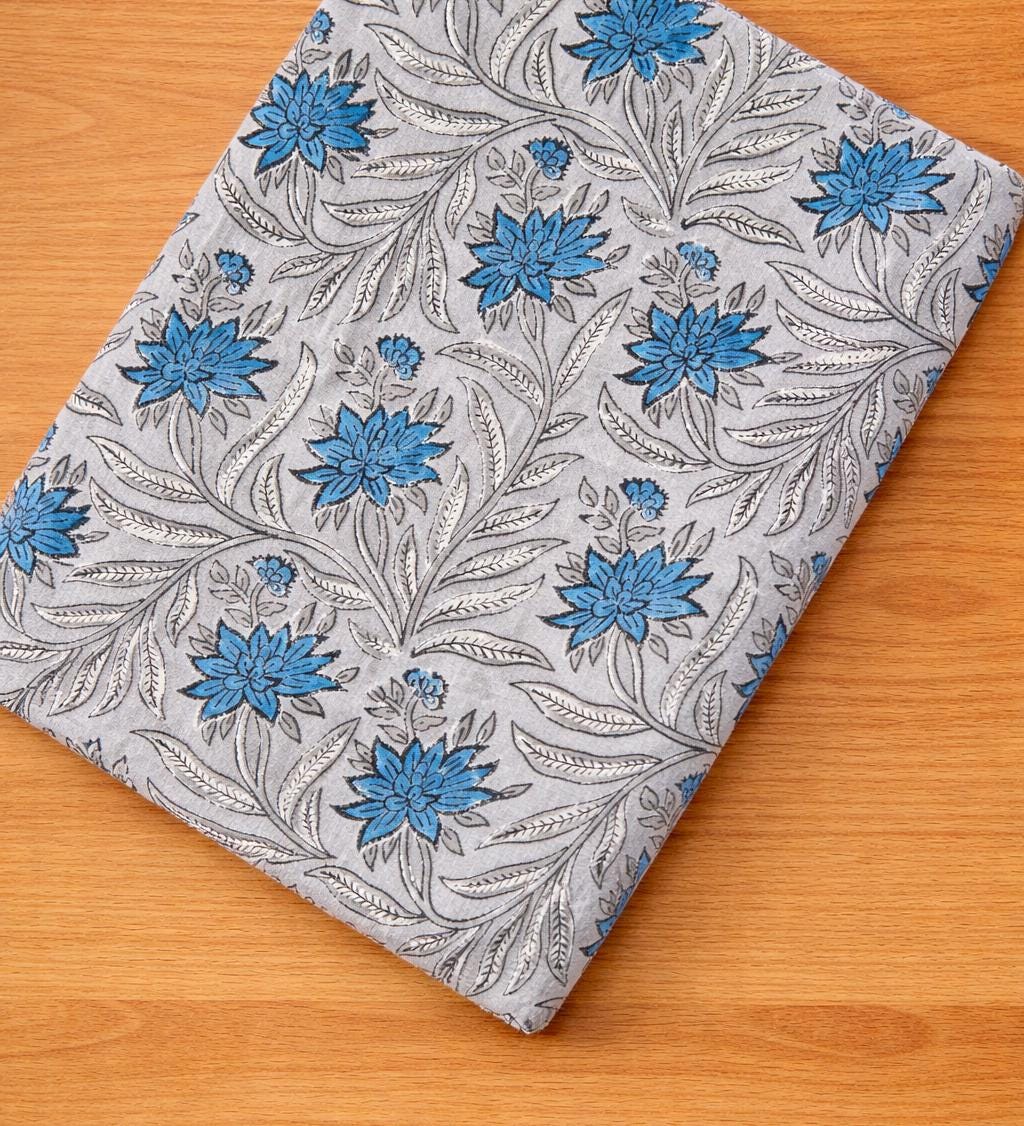 Grey Blue Floral Cotton Fabric by the Yard, Indian Printed Cotton Cloth, Soft Lightweight Cotton Fabric for Sewing, Quilting, Dressmaking