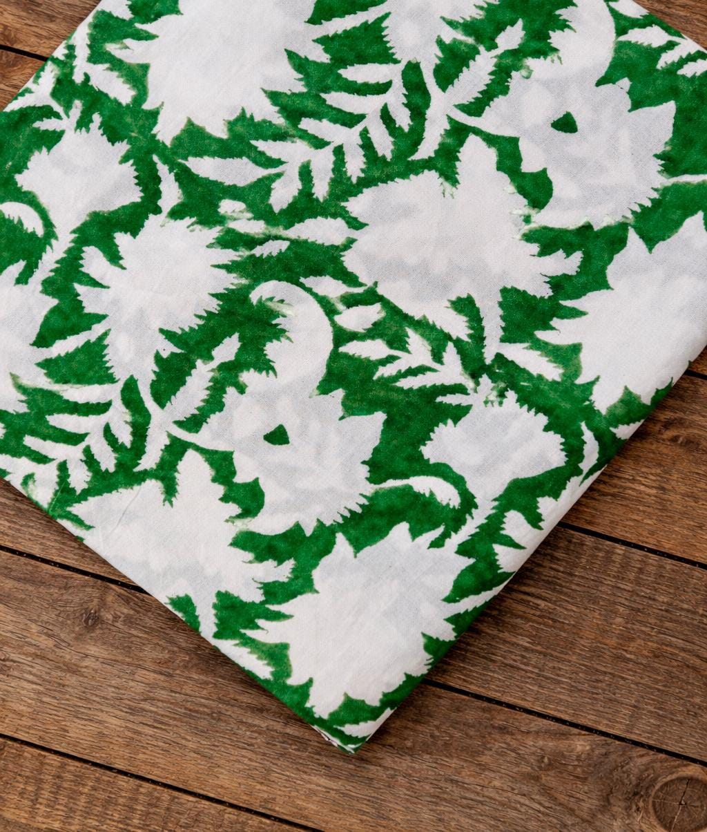 Green White Floral Cotton Fabric | Hand Block Print Fabric | Botanical Indian Cotton | Sewing Quilting Craft Fabric | Home Decor Textile