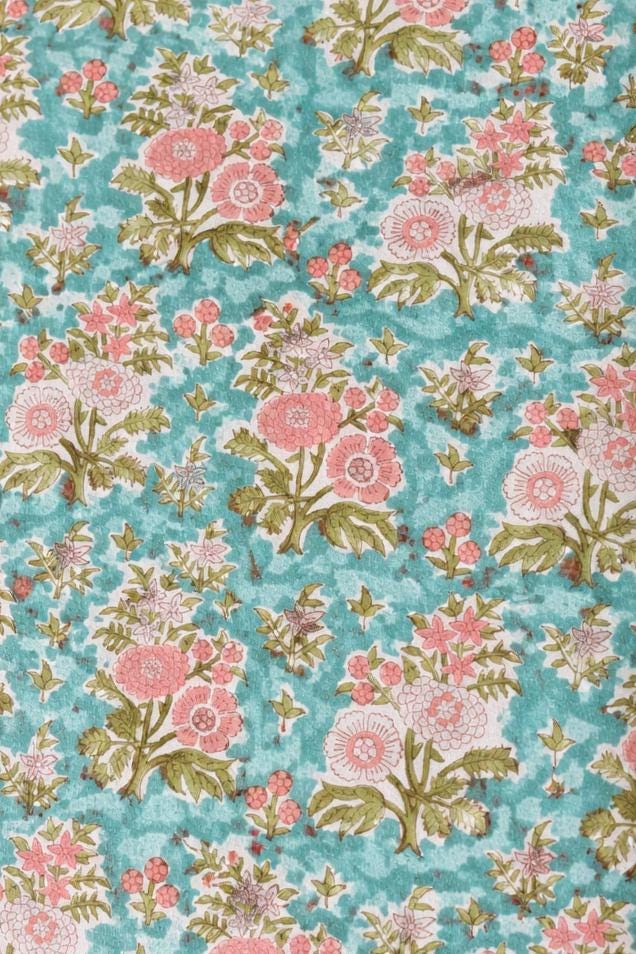 Floral Block Print Cotton Fabric | Turquoise Blue Handmade Indian Cotton Cloth | Sewing Quilting Dress Material | Kimono Fabric | Gift Dress