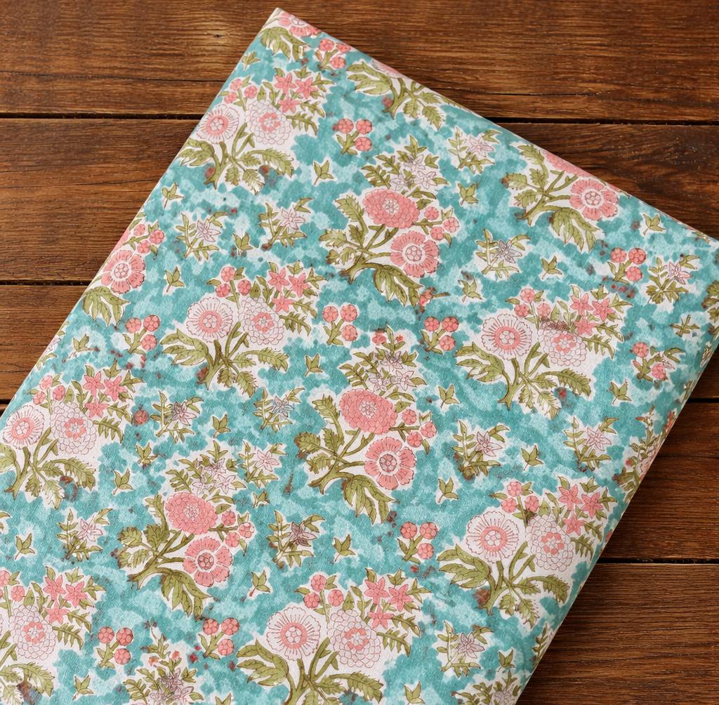 Floral Block Print Cotton Fabric | Turquoise Blue Handmade Indian Cotton Cloth | Sewing Quilting Dress Material | Kimono Fabric | Gift Dress