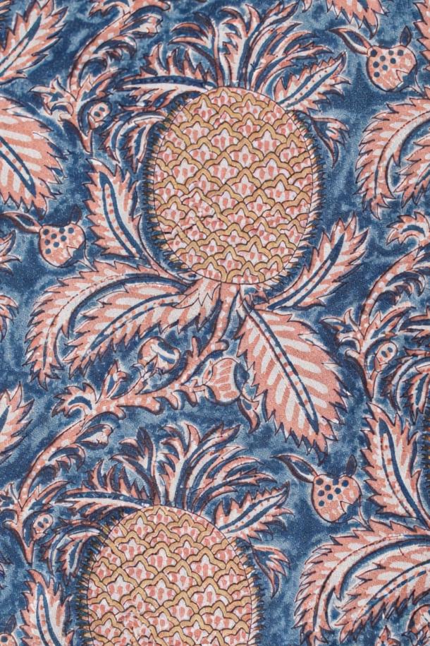 Pineapple Block Print Cotton Fabric | Blue Handmade Indian Cotton Cloth | Floral Botanical Sewing Quilting Dress Material | Running Fabric