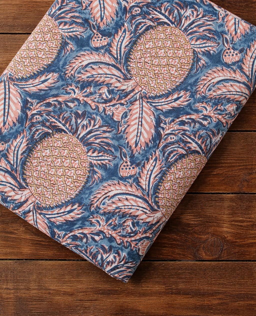Pineapple Block Print Cotton Fabric | Blue Handmade Indian Cotton Cloth | Floral Botanical Sewing Quilting Dress Material | Running Fabric