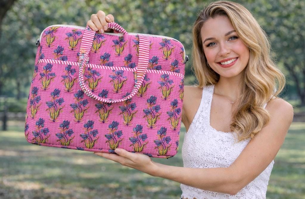 Handmade Quilted Laptop Bag | Floral Fabric Office Tote | Cotton Carry Bag with Handles | Zipper Work Bag | Gift for Women | Gift For Her