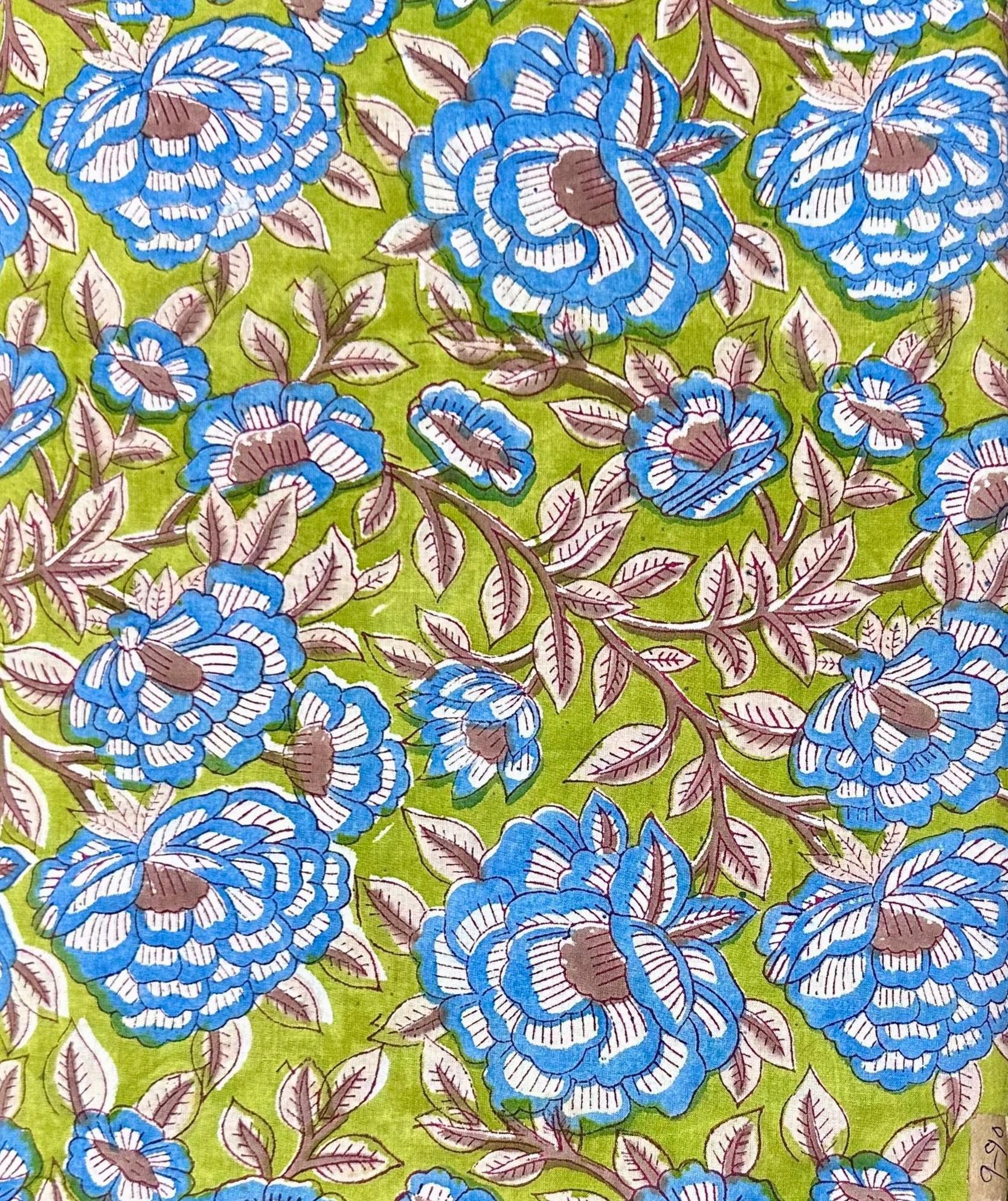 Green & Blue Indian Floral Hand Block Print Cotton Fabric, Soft Cotton Fabric, Floral 100% Cotton Fabric By The Yard, Loose Running Fabric