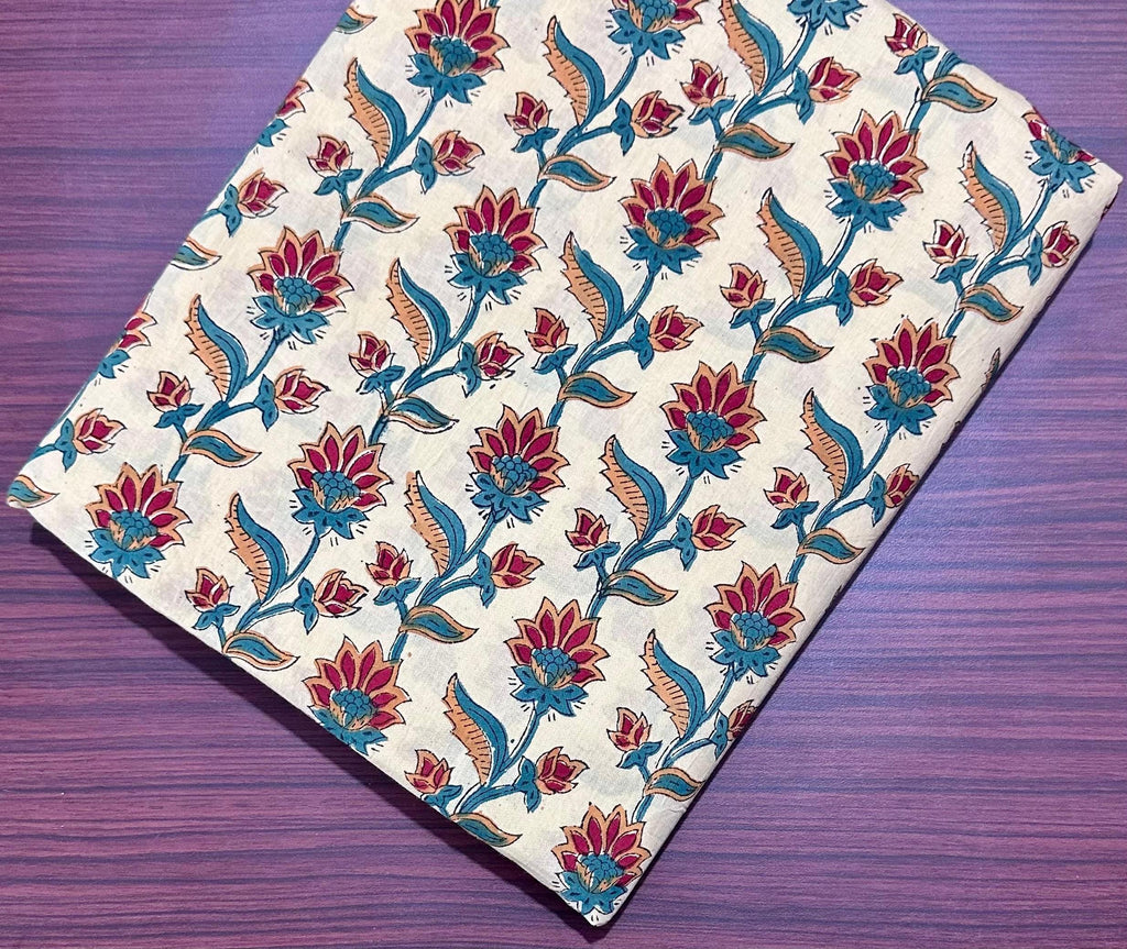 White Lotus Indian Hand Block Print Fabric, Soft Cotton Fabric, 100% Cotton Fabric By The Yard, Fabric For Loose Running, Cotton Textile