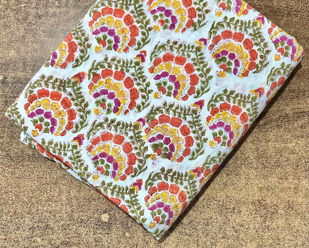 Sky Blue Hand Block Print Cotton Fabric, Floral Indian Cotton Fabric, Multicolor Printed Fabric by Yard, Sewing Quilting Dressmaking Fabric