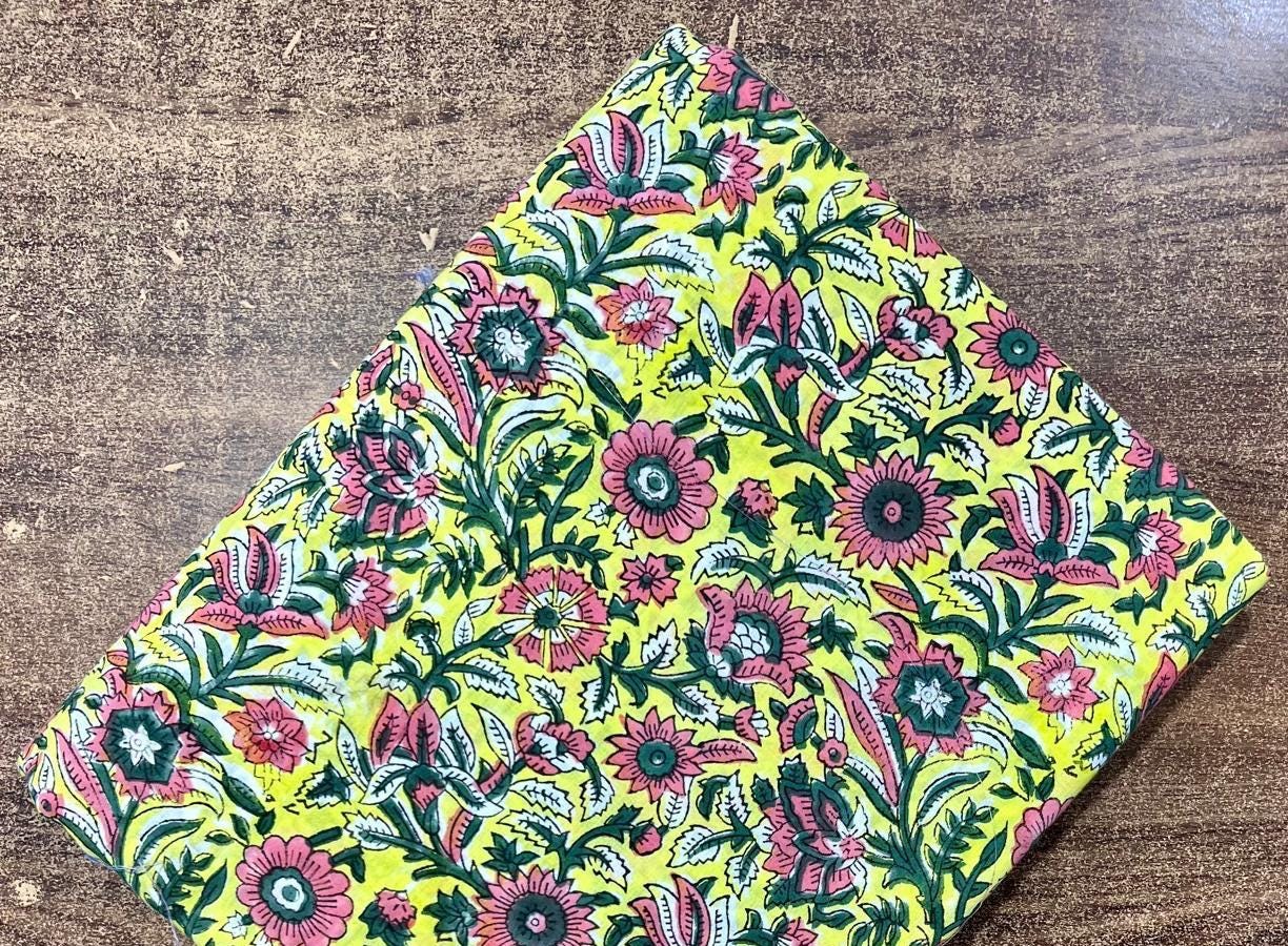 Yellow Hand Block Print Cotton Fabric, Floral Indian Cotton Fabric, Pink Green Printed Fabric by Yard, Sewing Quilting Dressmaking Fabric