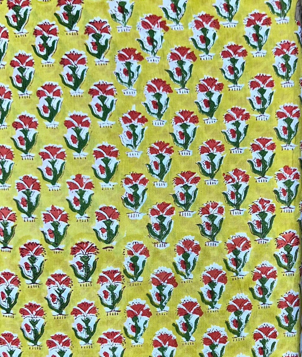 Yellow Floral Cotton Fabric, Hand Block Print Fabric by Yard, Indian Flower Print, Sewing Quilting Material, Napkin Fabric, Loose Fabrics