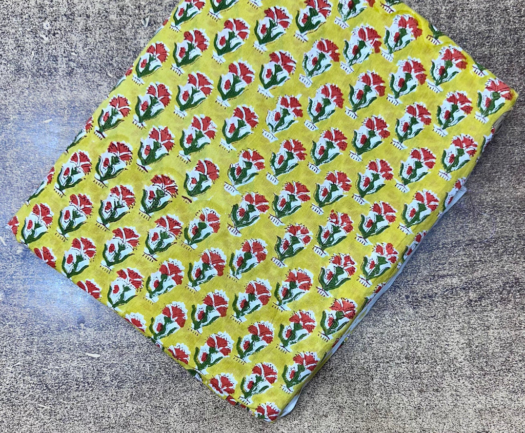 Yellow Floral Cotton Fabric, Hand Block Print Fabric by Yard, Indian Flower Print, Sewing Quilting Material, Napkin Fabric, Loose Fabrics