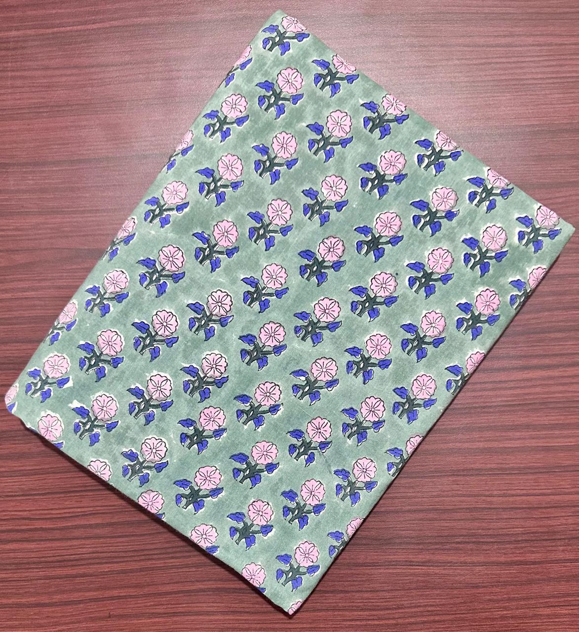 Soft Green Floral Cotton Fabric, Hand Block Print Indian Fabric by Yard, Soft Botanical Print for Sewing Quilting Dressmaking, Home Napkins