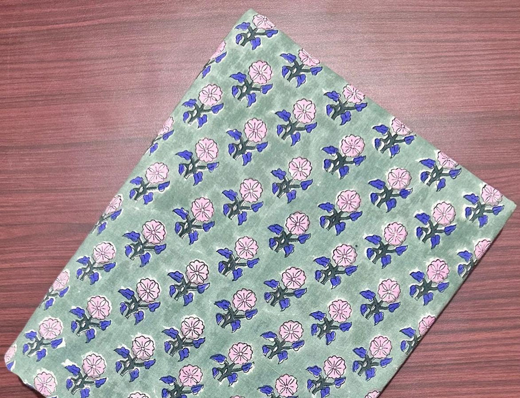 Soft Green Floral Cotton Fabric, Hand Block Print Indian Fabric by Yard, Soft Botanical Print for Sewing Quilting Dressmaking, Home Napkins