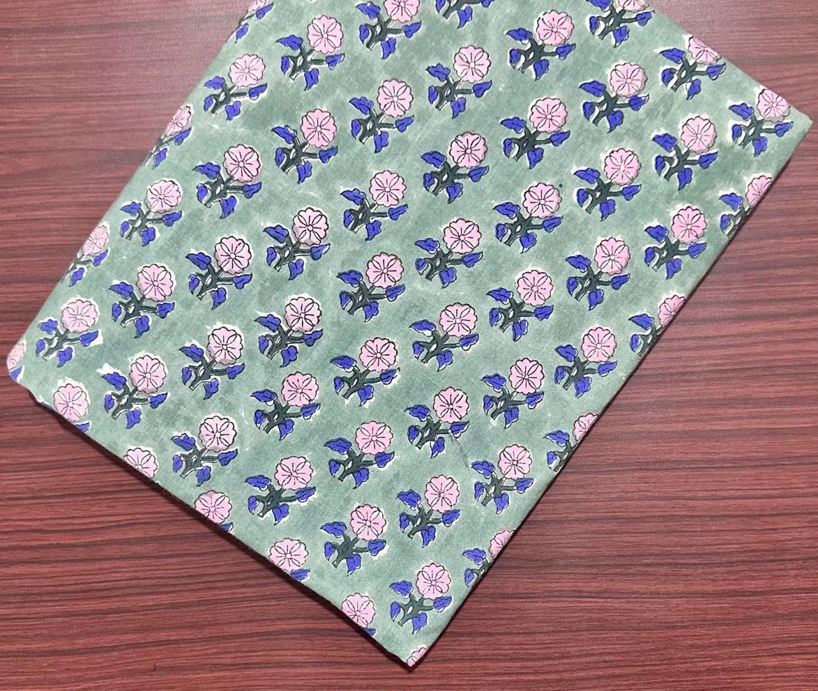 Soft Green Floral Cotton Fabric, Hand Block Print Indian Fabric by Yard, Soft Botanical Print for Sewing Quilting Dressmaking, Home Napkins