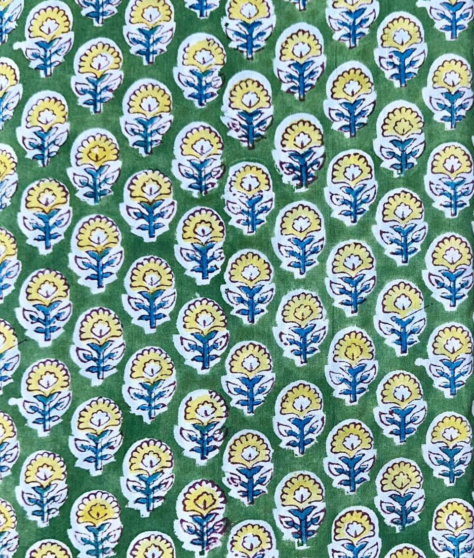 Green Floral Block Print Cotton Fabric, Indian Hand Printed Fabric by Yard, Boho Flower Pattern for Sewing Quilting, Running Cotton Fabrics