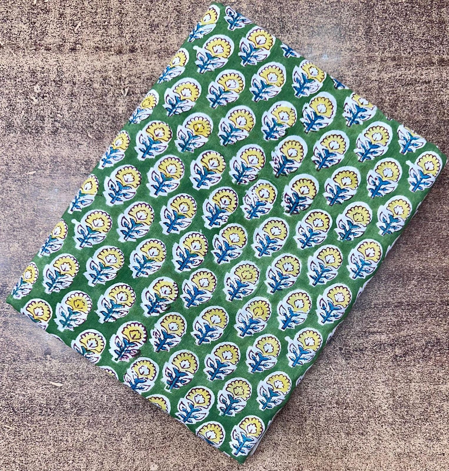 Green Floral Block Print Cotton Fabric, Indian Hand Printed Fabric by Yard, Boho Flower Pattern for Sewing Quilting, Running Cotton Fabrics