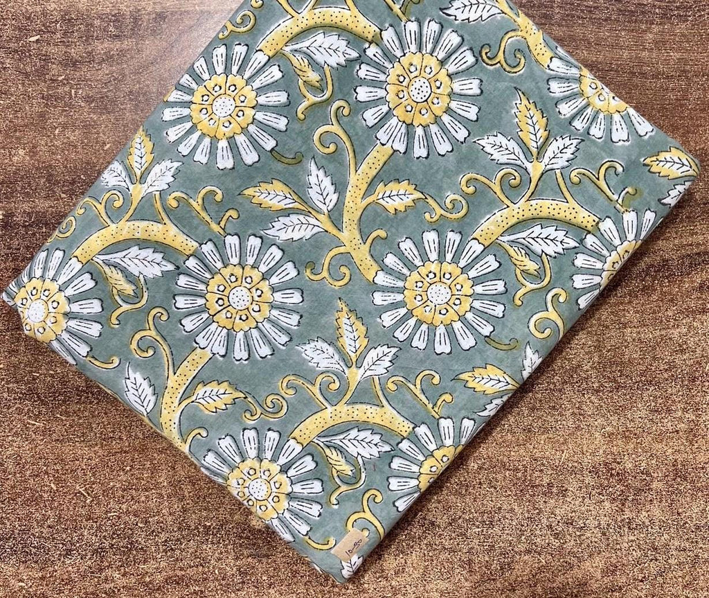 Grey Floral Block Print Cotton Fabric, Indian Hand Printed Fabric by Yard, Vintage Flower Pattern for Sewing Quilting, Handmade Fabrics