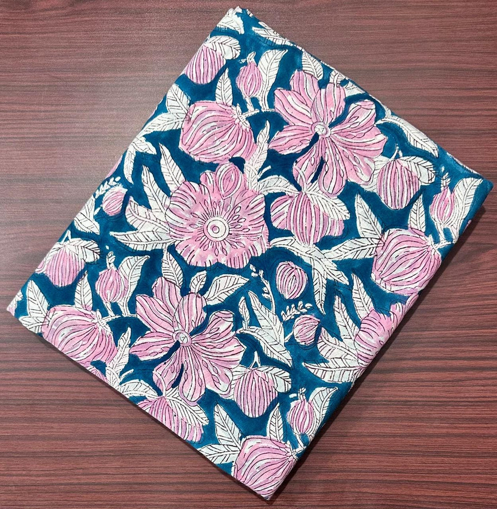 Blue Floral Cotton Fabric, Hand Block Print Indian Fabric by Yard, Pink Flower Pattern for Sewing Quilting Dressmaking, Fabric Bundal