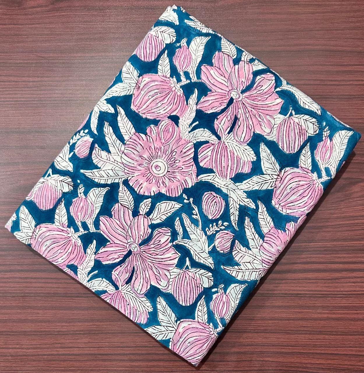Blue Floral Cotton Fabric, Hand Block Print Indian Fabric by Yard, Pink Flower Pattern for Sewing Quilting Dressmaking, Fabric Bundal