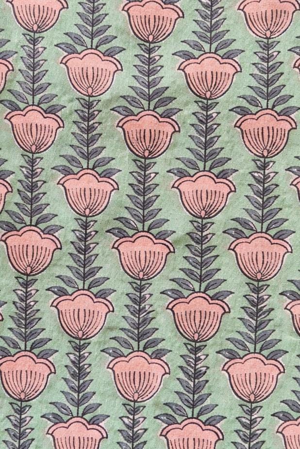 Green Floral Hand Block Print Cotton Fabric, Indian Printed Cotton Cloth, Soft Natural Fabric for Dressmaking, Loose Running Fabric