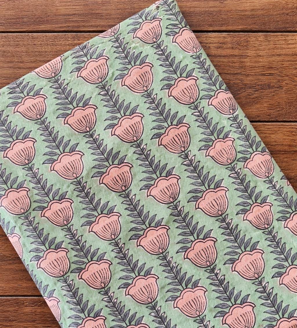 Green Floral Hand Block Print Cotton Fabric, Indian Printed Cotton Cloth, Soft Natural Fabric for Dressmaking, Loose Running Fabric