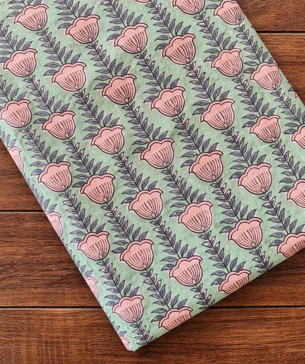 Green Floral Hand Block Print Cotton Fabric, Indian Printed Cotton Cloth, Soft Natural Fabric for Dressmaking, Loose Running Fabric
