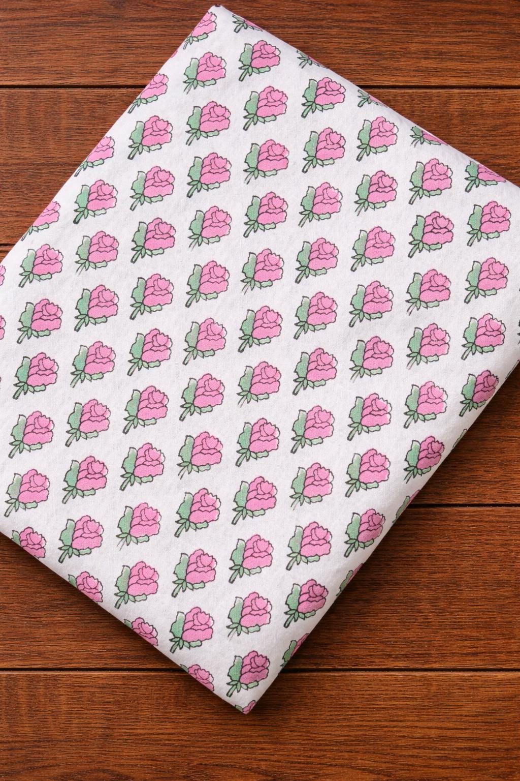 Pink Rose Floral Cotton Fabric, Hand Block Print Cotton Fabric, Soft Printed Fabric for Sewing, Quilting, Dressmaking, Loose Running Fabric
