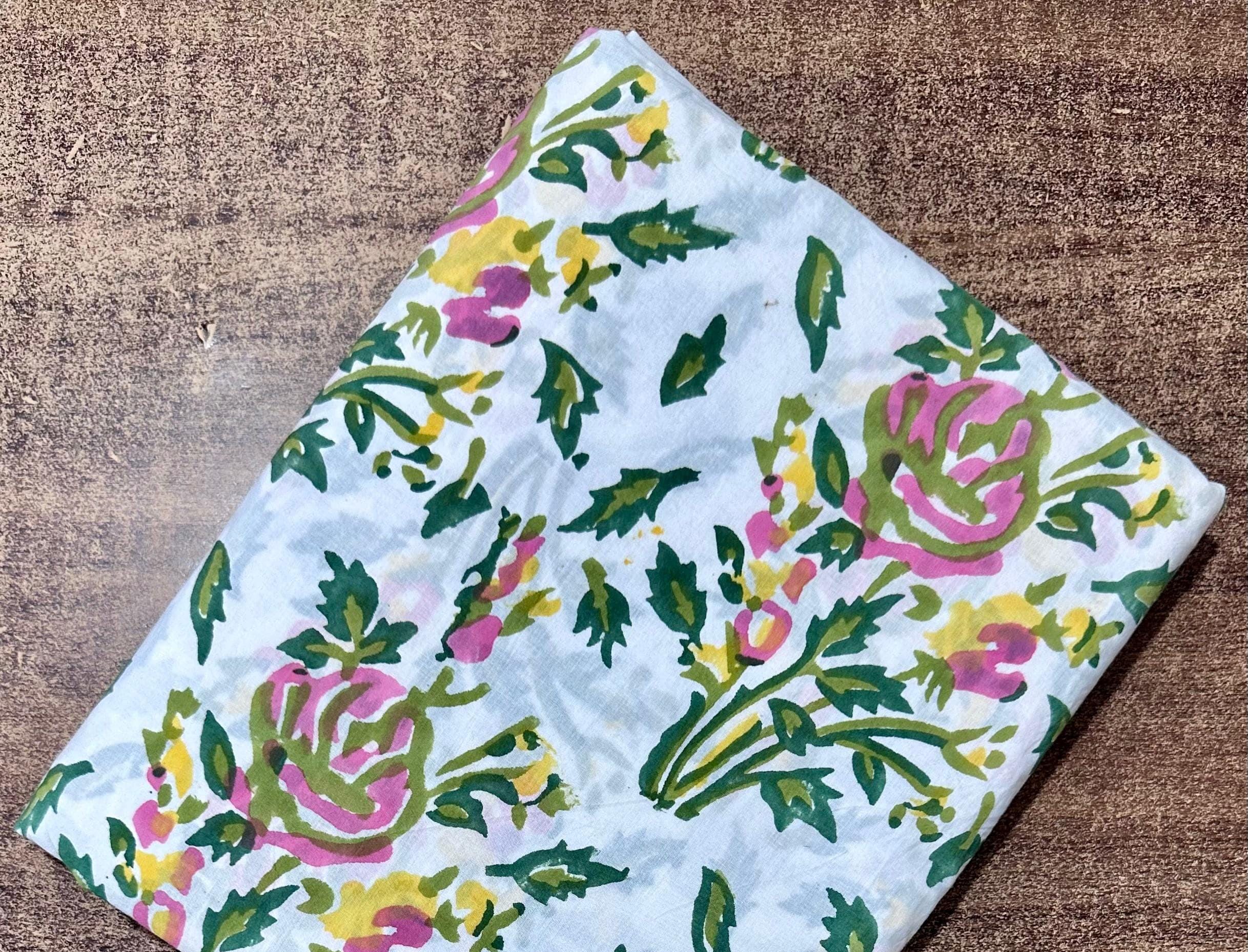 White Floral Hand Block Print Cotton Fabric – Indian Handmade Cotton Cloth, Soft Printed Fabric for Dressmaking, Quilting & Crafts, Fabrics