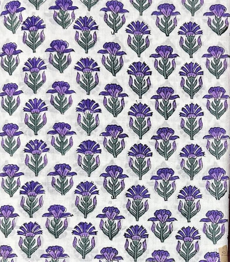 Purple Floral Hand Block Print Cotton Fabric, Indian Cotton Fabric by Yard, Boho Flower Print for Dress Making Fabric, Quilting & Home Decor