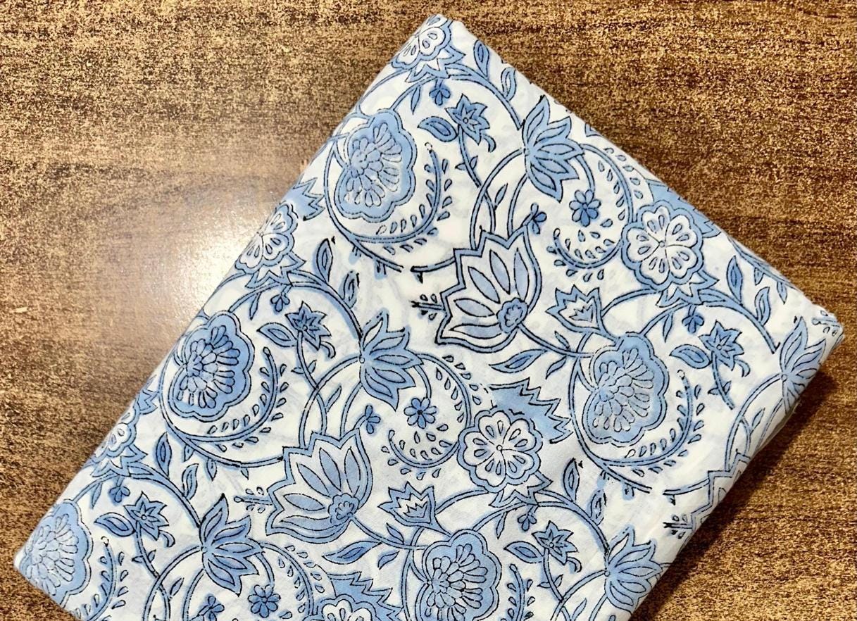 Blue Floral Hand Block Print Cotton Fabric, Indian Cotton Fabric, Floral Printed Cotton Cloth for Sewing, Quilting, Fabri For Dress Making