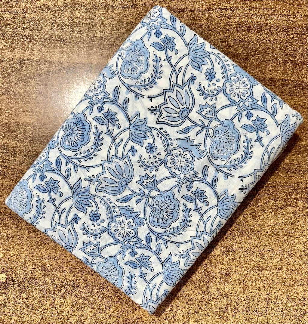 Blue Floral Hand Block Print Cotton Fabric, Indian Cotton Fabric, Floral Printed Cotton Cloth for Sewing, Quilting, Fabri For Dress Making