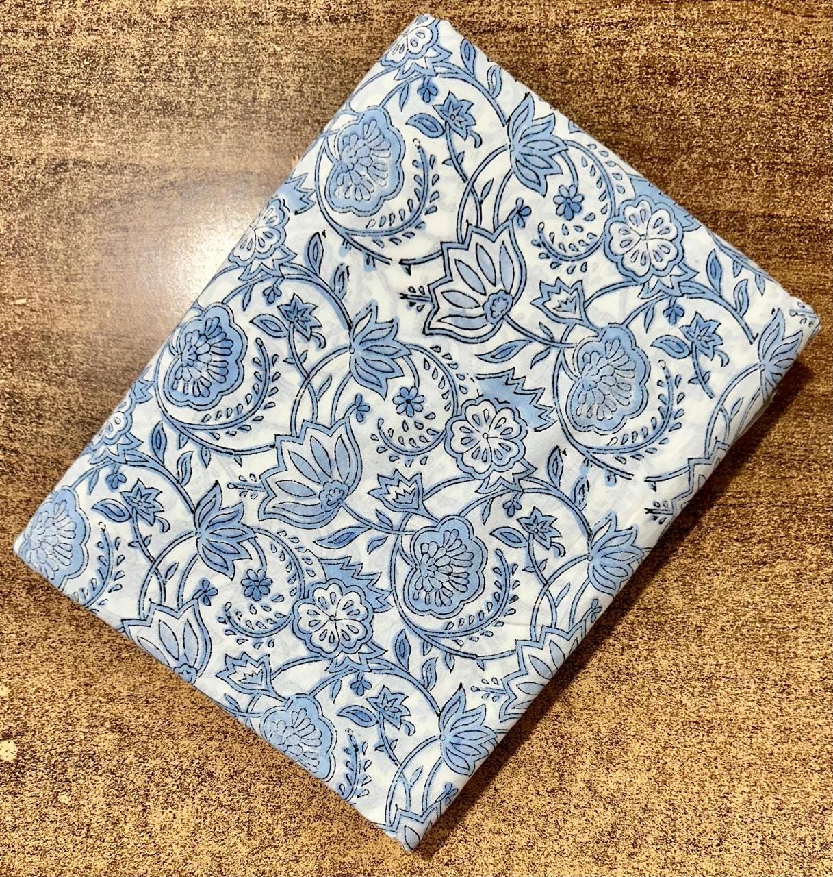 Blue Floral Hand Block Print Cotton Fabric, Indian Cotton Fabric, Floral Printed Cotton Cloth for Sewing, Quilting, Fabri For Dress Making