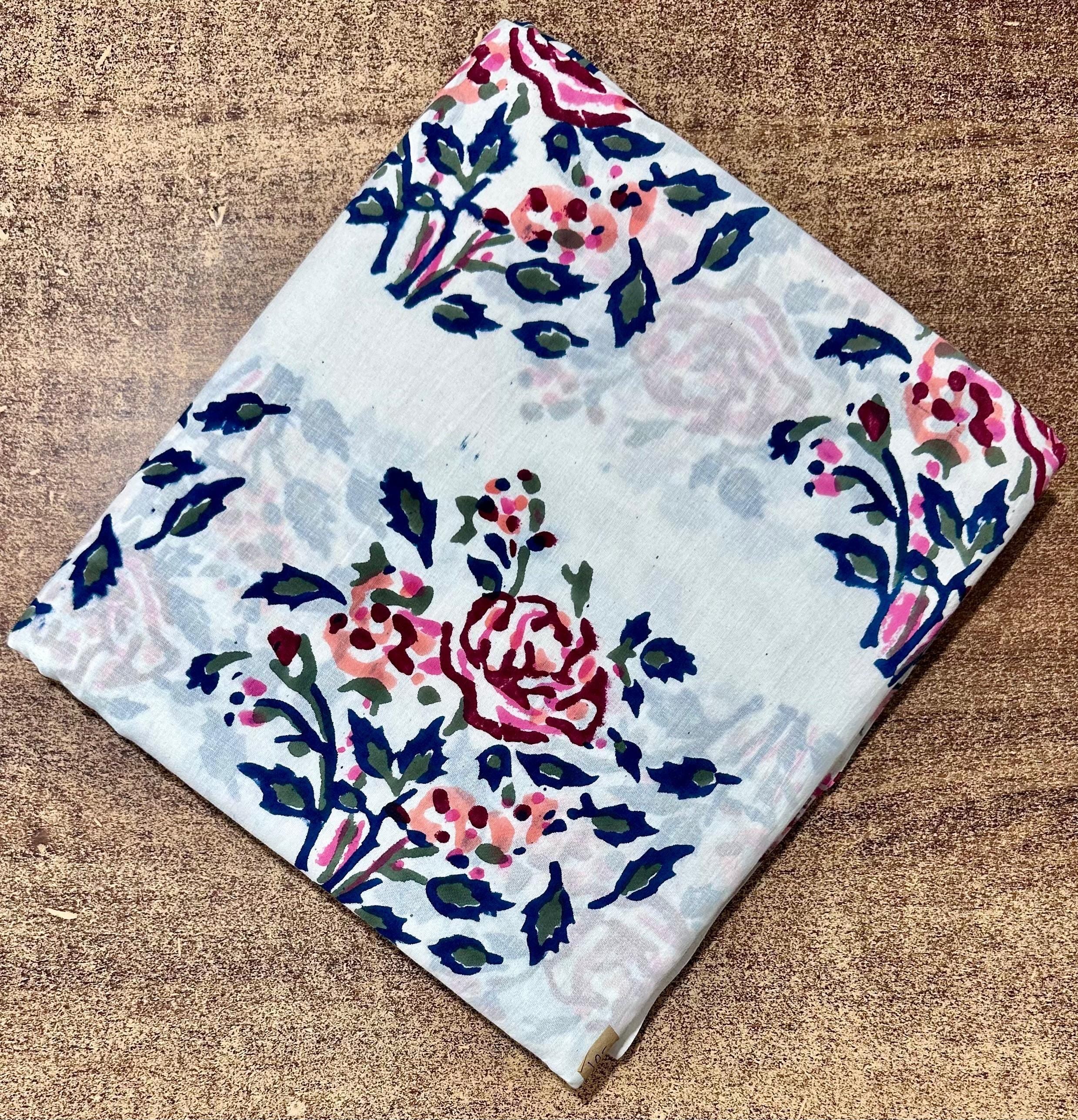 Flower Floral Cotton Fabric by the Yard, White Blue Block Print Cotton Cloth, Soft Cotton Fabric for Sewing, Quilting, Dressmaking Crafts