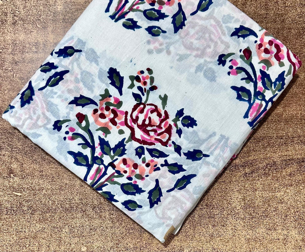 Flower Floral Cotton Fabric by the Yard, White Blue Block Print Cotton Cloth, Soft Cotton Fabric for Sewing, Quilting, Dressmaking Crafts